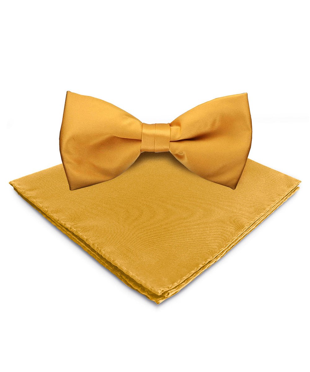 Vittorio Farina Men's Satin Bow Tie &amp; Pocket Square in Gift Box - basic - bow - tie - hanky - mustard - Classy Cufflinks