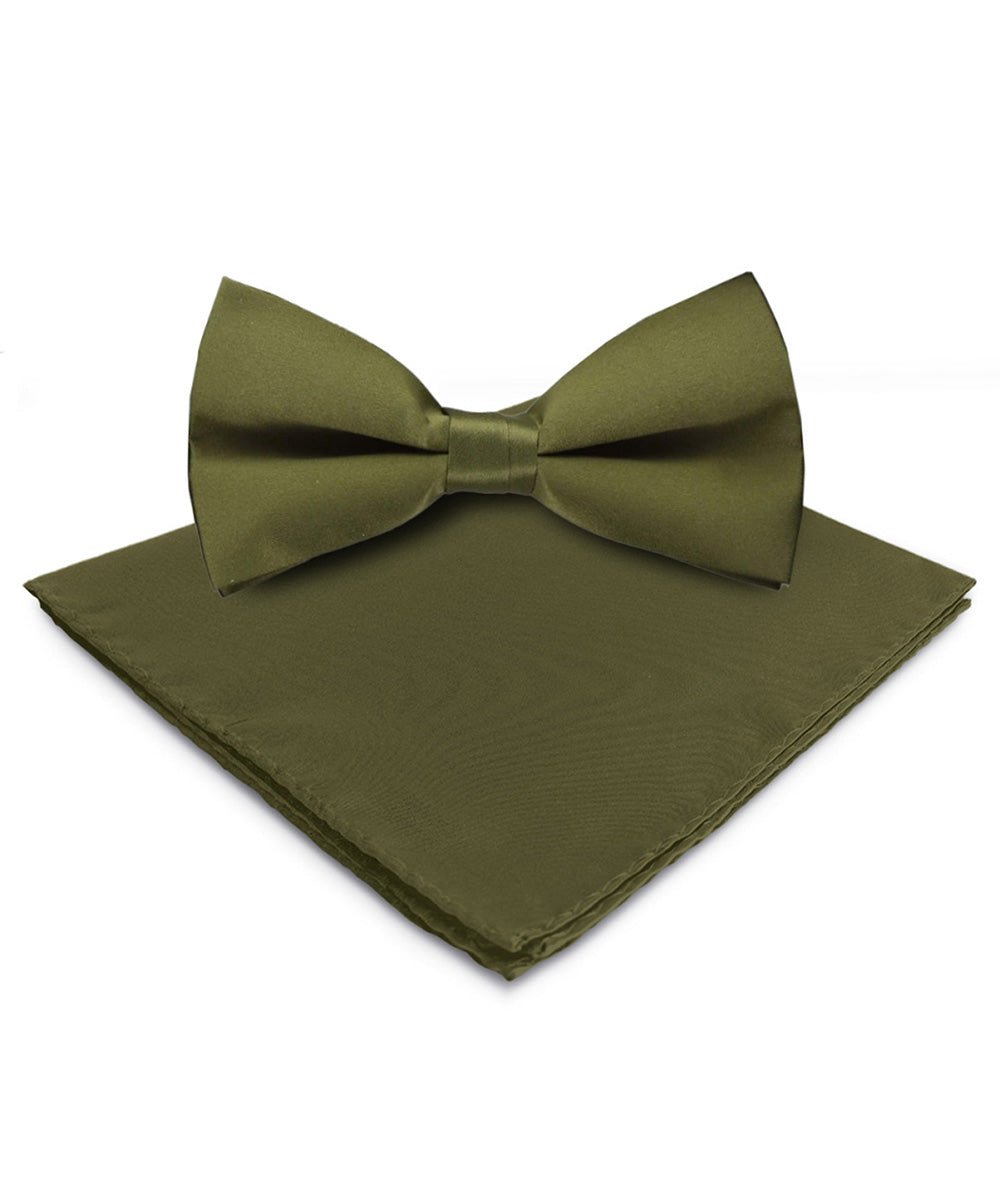 Vittorio Farina Men's Satin Bow Tie & Pocket Square in Gift Box - basic - bow - tie - hanky - olive - Classy Cufflinks