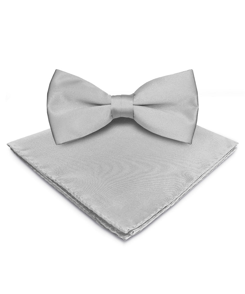 Vittorio Farina Men's Satin Bow Tie &amp; Pocket Square in Gift Box - basic - bow - tie - hanky - silver - Classy Cufflinks