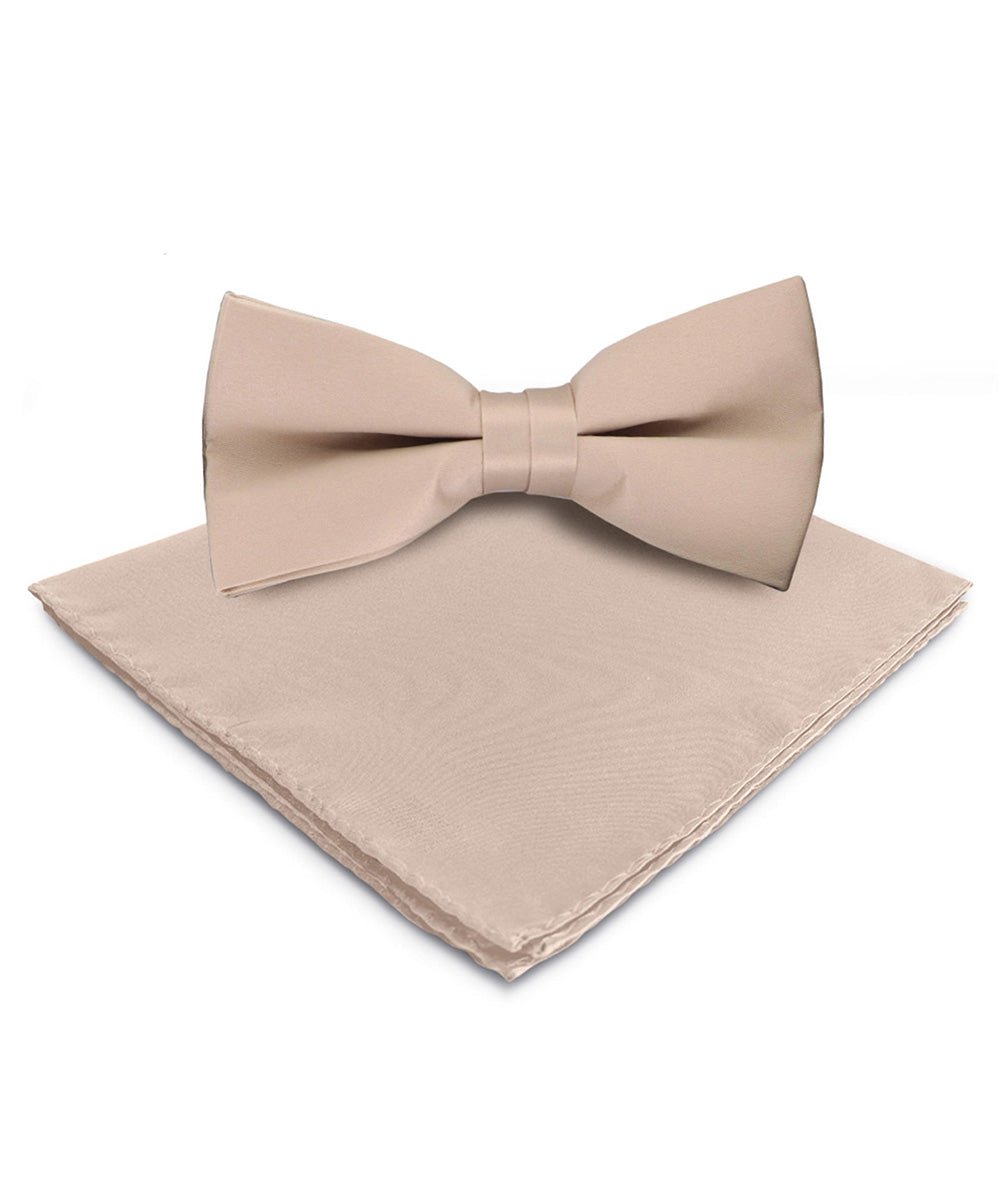 Vittorio Farina Men's Satin Bow Tie &amp; Pocket Square in Gift Box - basic - bow - tie - hanky - taupe - Classy Cufflinks
