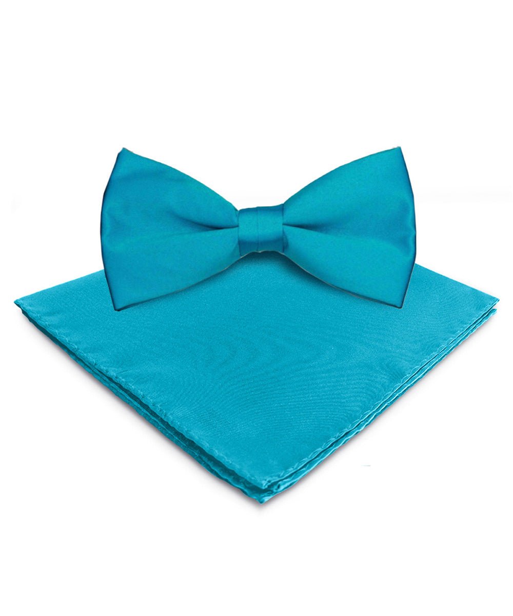Vittorio Farina Men's Satin Bow Tie &amp; Pocket Square in Gift Box - basic - bow - tie - hanky - turquoise - Classy Cufflinks