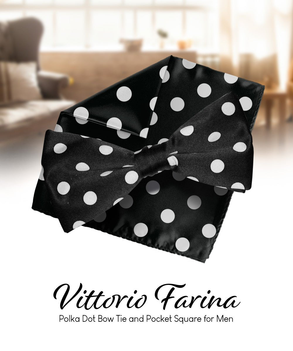 Vittorio Farina Men's Polka Dot Satin Bow Tie &amp; Pocket Square in Gift Box - bh - 0002 - Classy Cufflinks