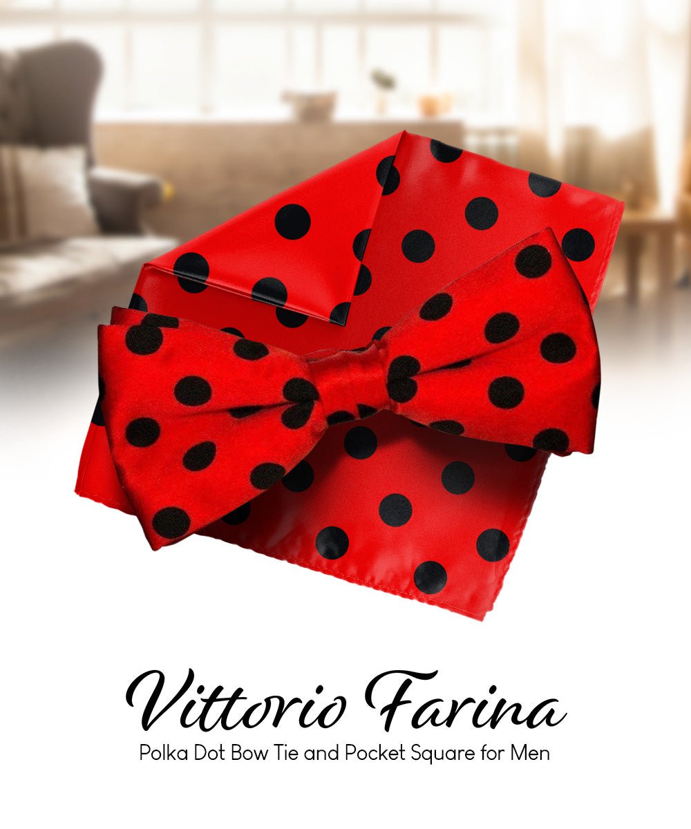 Vittorio Farina Men's Polka Dot Satin Bow Tie &amp; Pocket Square in Gift Box - bh - 0003 - Classy Cufflinks