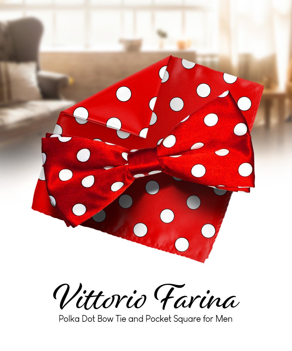 Vittorio Farina Men's Polka Dot Satin Bow Tie &amp; Pocket Square in Gift Box - bh - 0004 - Classy Cufflinks