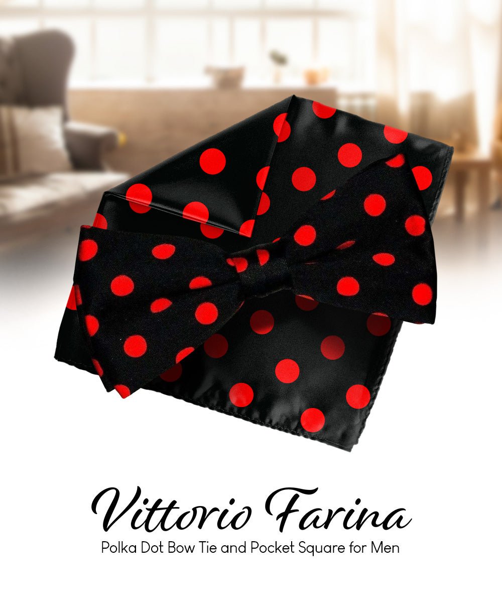 Vittorio Farina Men's Polka Dot Satin Bow Tie &amp; Pocket Square in Gift Box - bh - 0008 - Classy Cufflinks