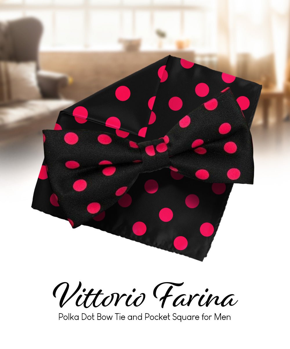 Vittorio Farina Men's Polka Dot Satin Bow Tie &amp; Pocket Square in Gift Box - bh - 0016 - Classy Cufflinks