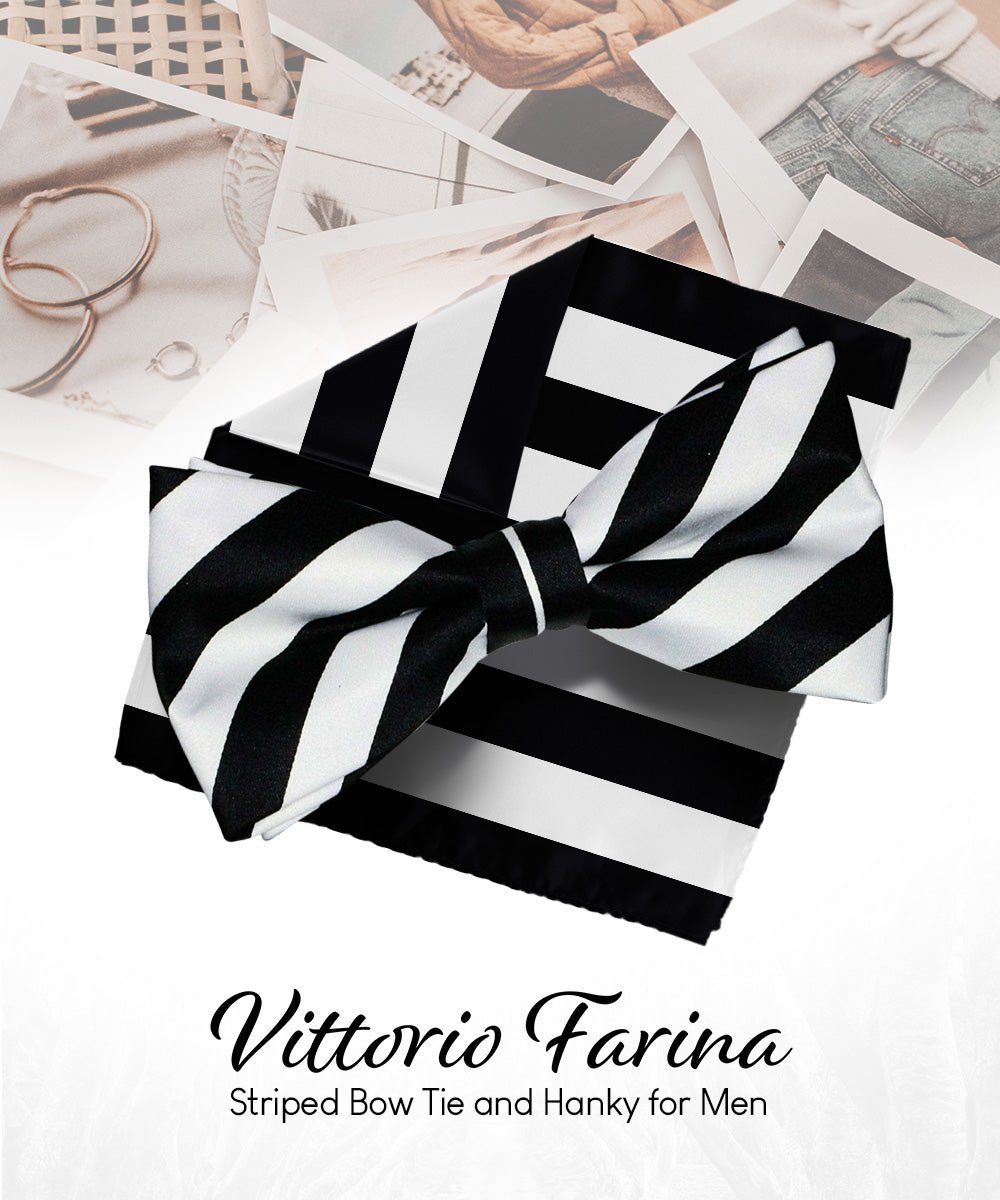 Vittorio Farina Men's Striped Satin Bow Tie & Pocket Square in Gift Box - bh - 1545 - Classy Cufflinks