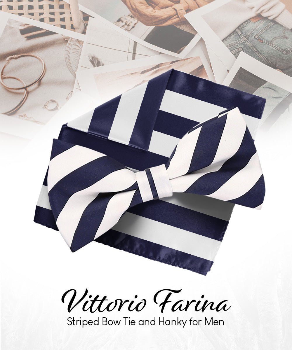 Vittorio Farina Men's Striped Satin Bow Tie & Pocket Square in Gift Box - bh - 1546 - Classy Cufflinks