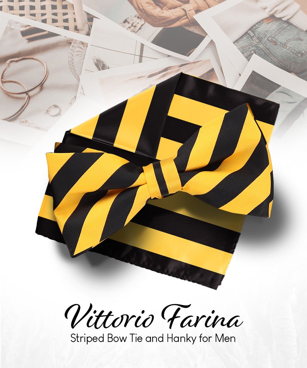 Vittorio Farina Men's Striped Satin Bow Tie & Pocket Square in Gift Box - bh - 1547 - Classy Cufflinks