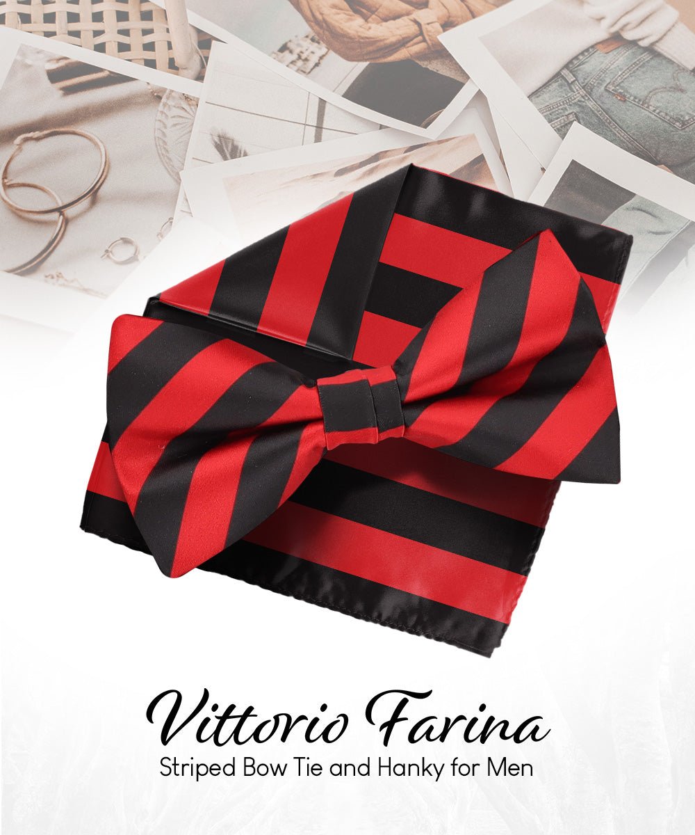 Vittorio Farina Men's Striped Satin Bow Tie & Pocket Square in Gift Box - bh - 1548 - Classy Cufflinks