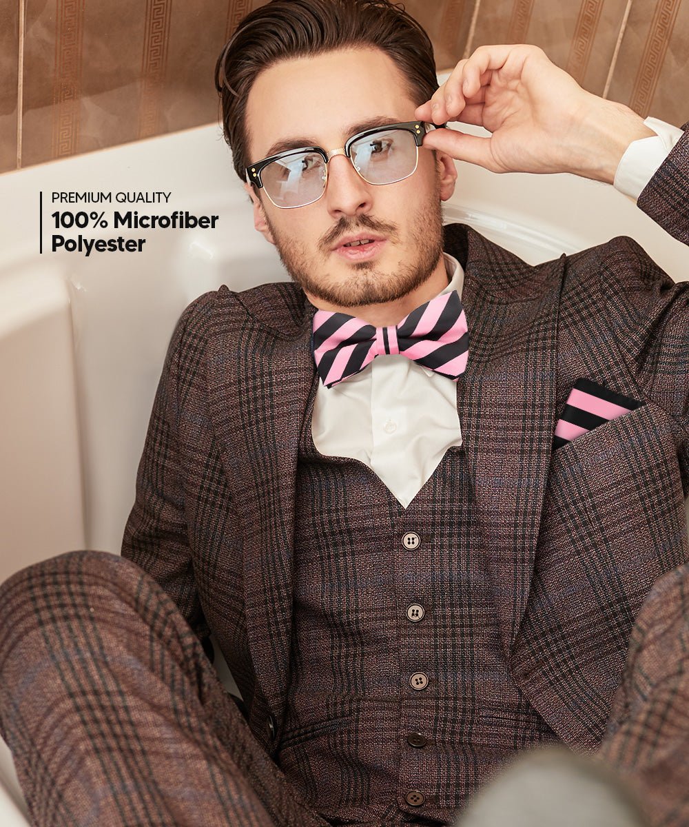 Vittorio Farina Men's Striped Satin Bow Tie & Pocket Square in Gift Box - bh - 1549 - Classy Cufflinks