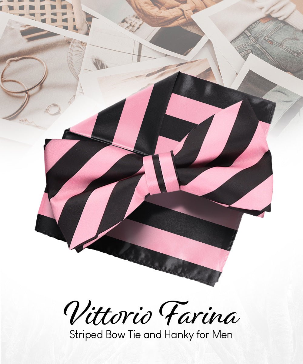 Vittorio Farina Men's Striped Satin Bow Tie & Pocket Square in Gift Box - bh - 1549 - Classy Cufflinks
