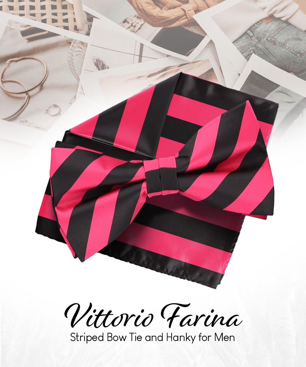 Vittorio Farina Men's Striped Satin Bow Tie & Pocket Square in Gift Box - bh - 1550 - Classy Cufflinks