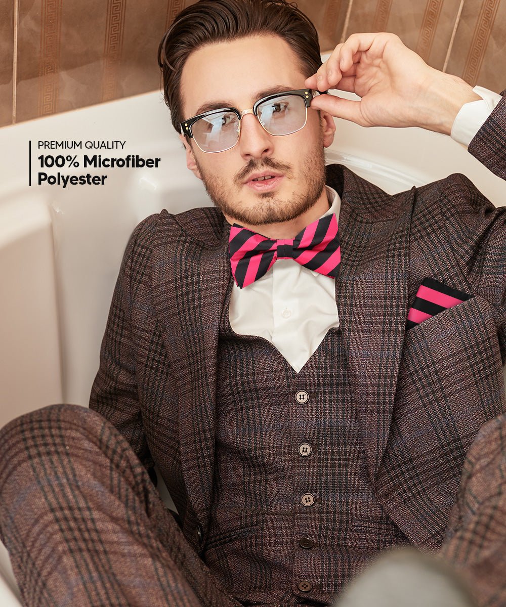 Vittorio Farina Men's Striped Satin Bow Tie & Pocket Square in Gift Box - bh - 1550 - Classy Cufflinks