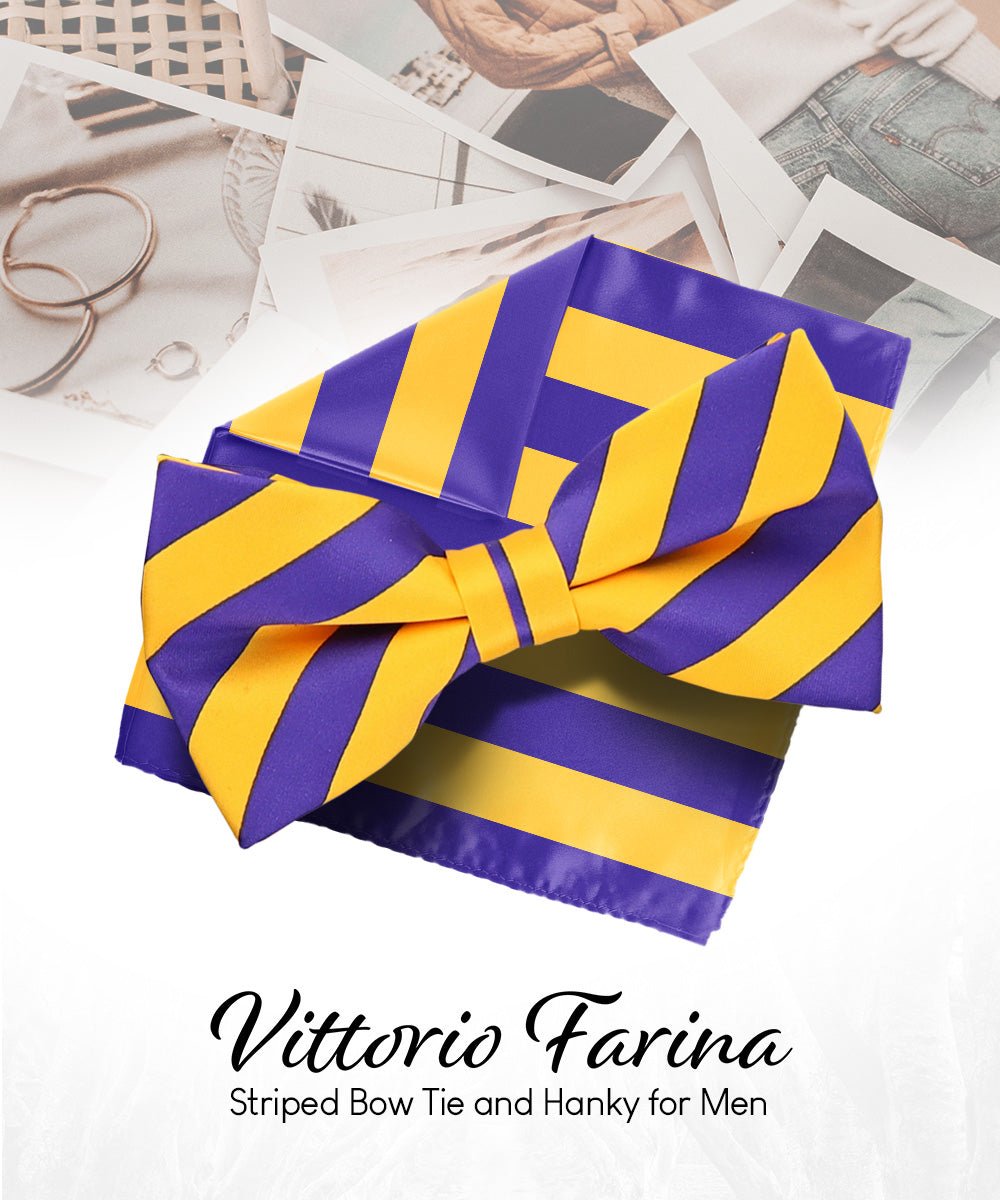 Vittorio Farina Men's Striped Satin Bow Tie & Pocket Square in Gift Box - bh - 1551 - Classy Cufflinks