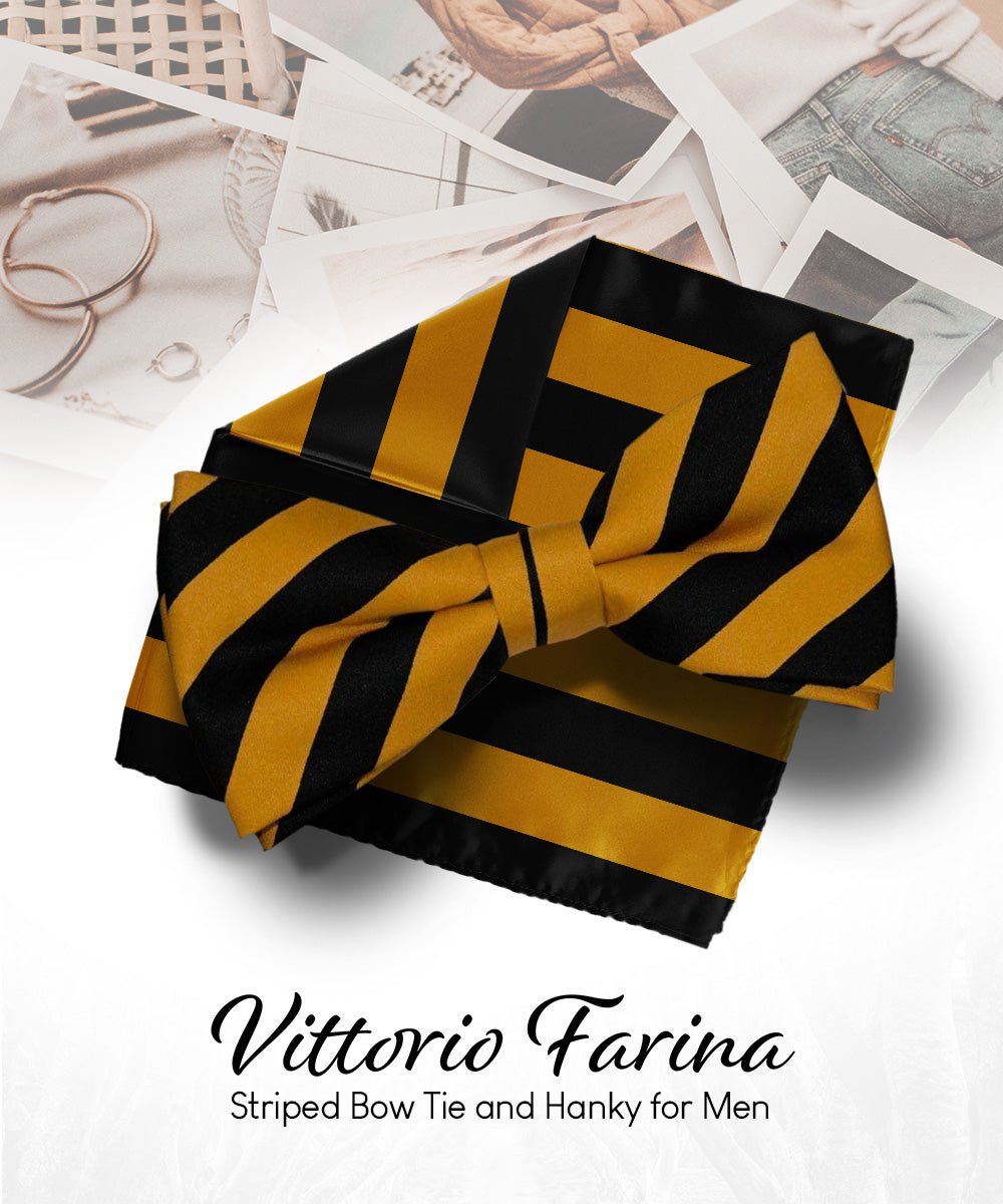 Vittorio Farina Men's Striped Satin Bow Tie & Pocket Square in Gift Box - bh - 1552 - Classy Cufflinks