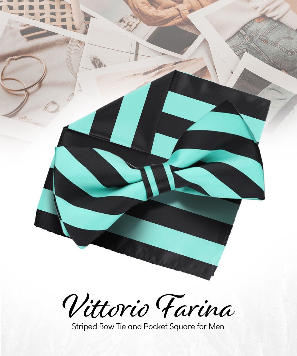 Vittorio Farina Men's Striped Satin Bow Tie & Pocket Square in Gift Box - bh - 1553 - Classy Cufflinks