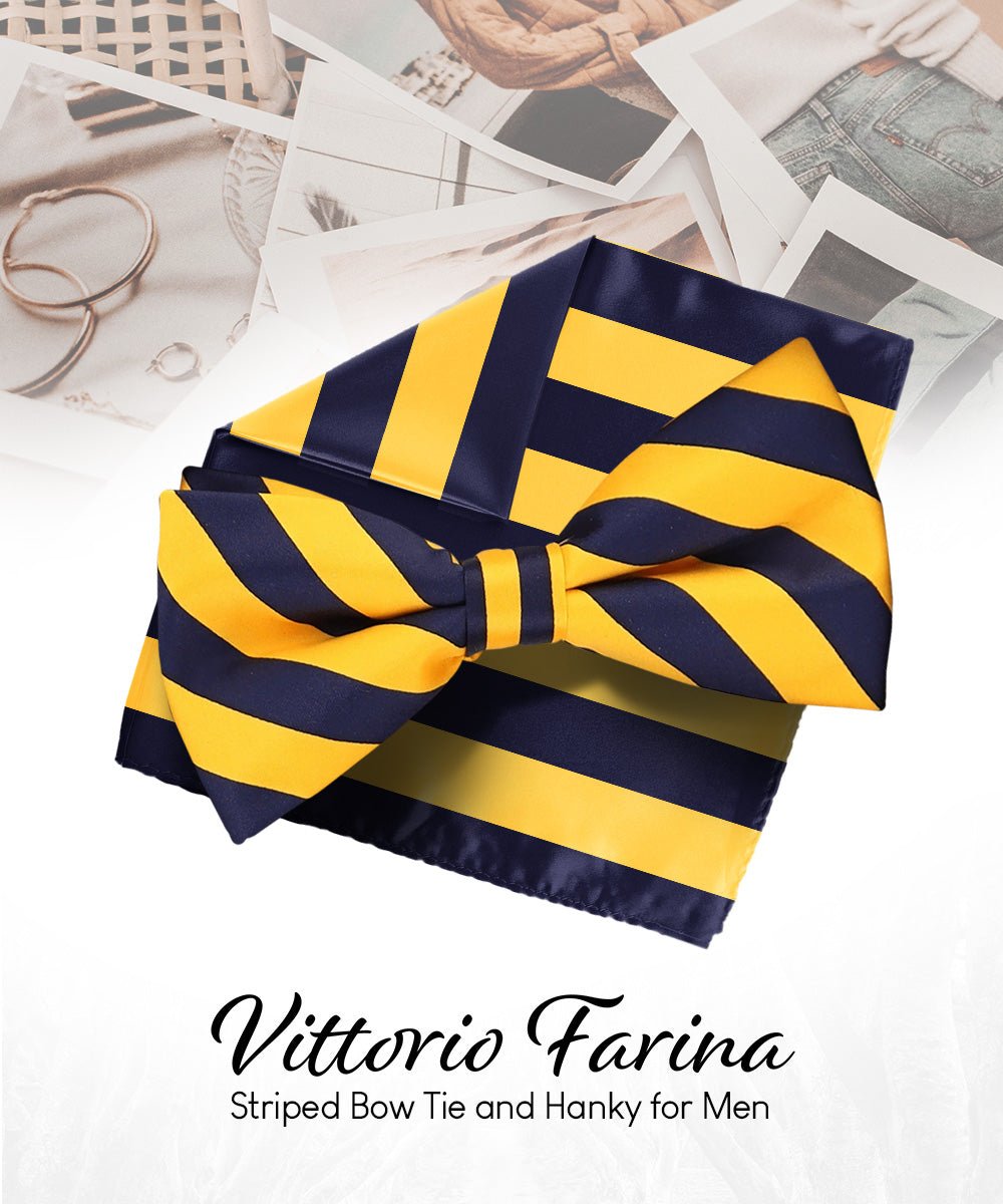 Vittorio Farina Men's Striped Satin Bow Tie & Pocket Square in Gift Box - bh - 1554 - Classy Cufflinks