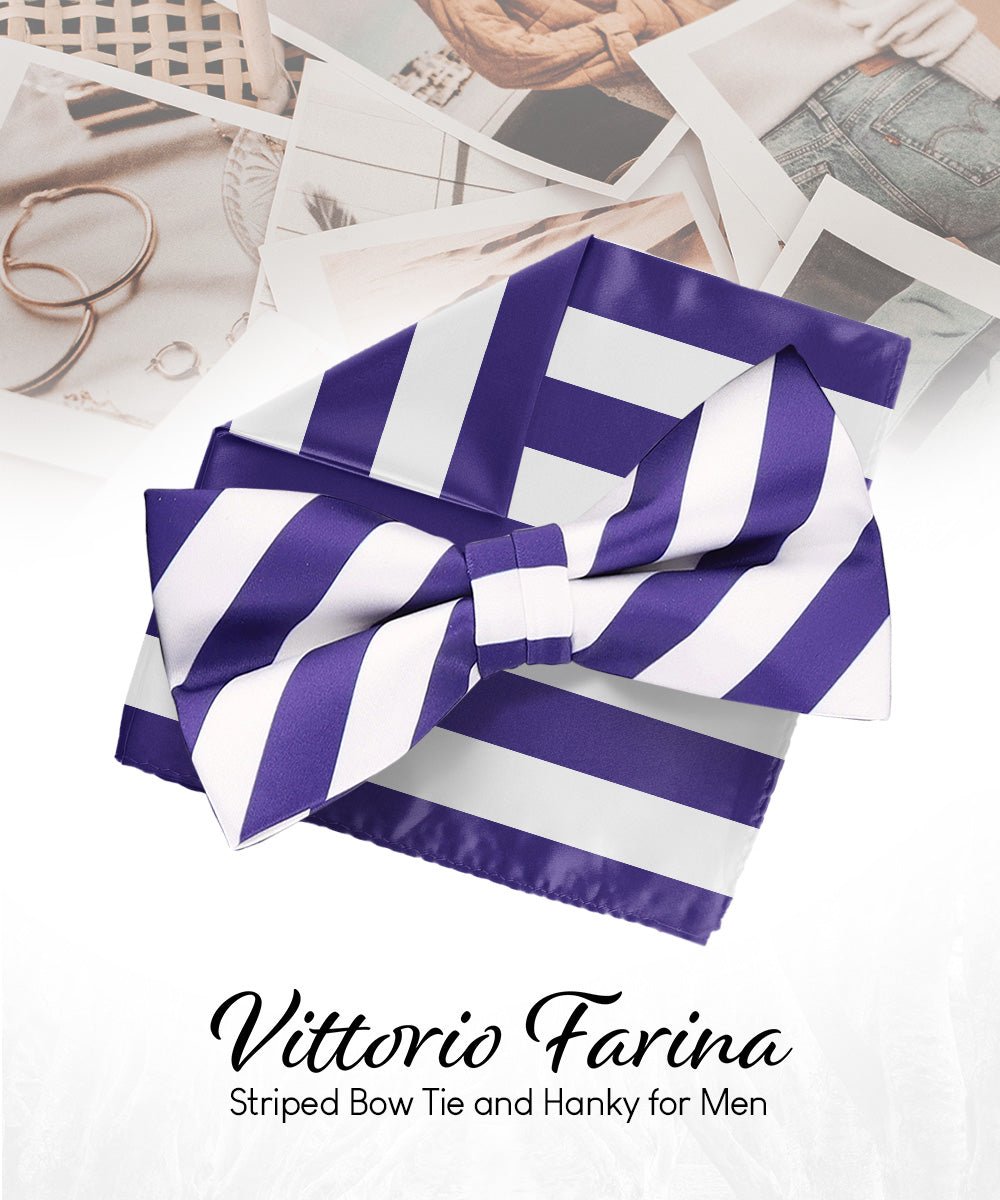 Vittorio Farina Men's Striped Satin Bow Tie & Pocket Square in Gift Box - bh - 1557 - Classy Cufflinks