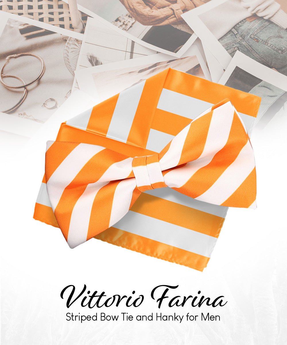 Vittorio Farina Men's Striped Satin Bow Tie & Pocket Square in Gift Box - bh - 1558 - Classy Cufflinks