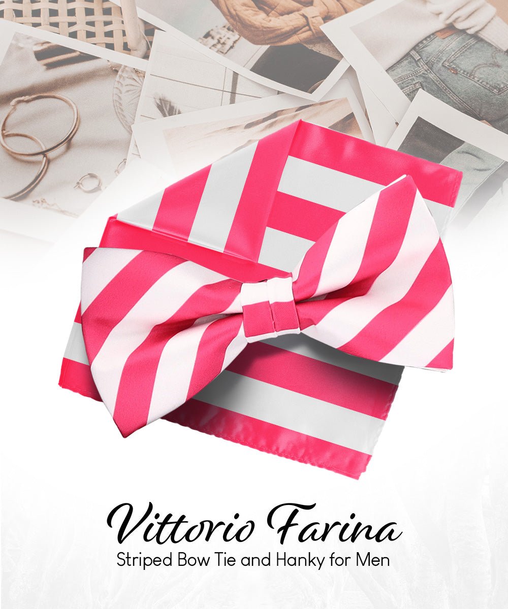 Vittorio Farina Men's Striped Satin Bow Tie & Pocket Square in Gift Box - bh - 1560 - Classy Cufflinks