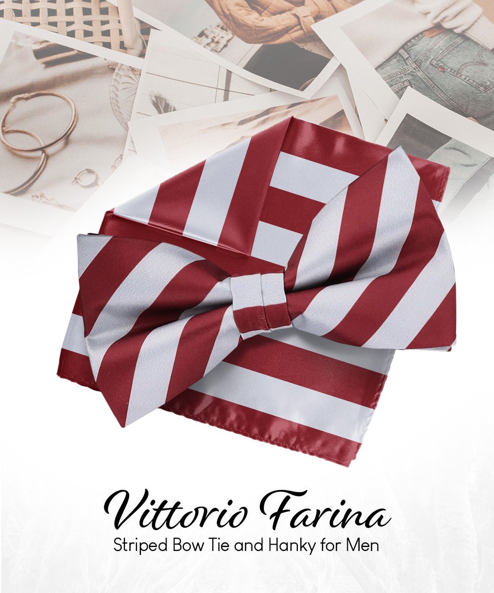 Vittorio Farina Men's Striped Satin Bow Tie & Pocket Square in Gift Box - bh - 1571 - Classy Cufflinks