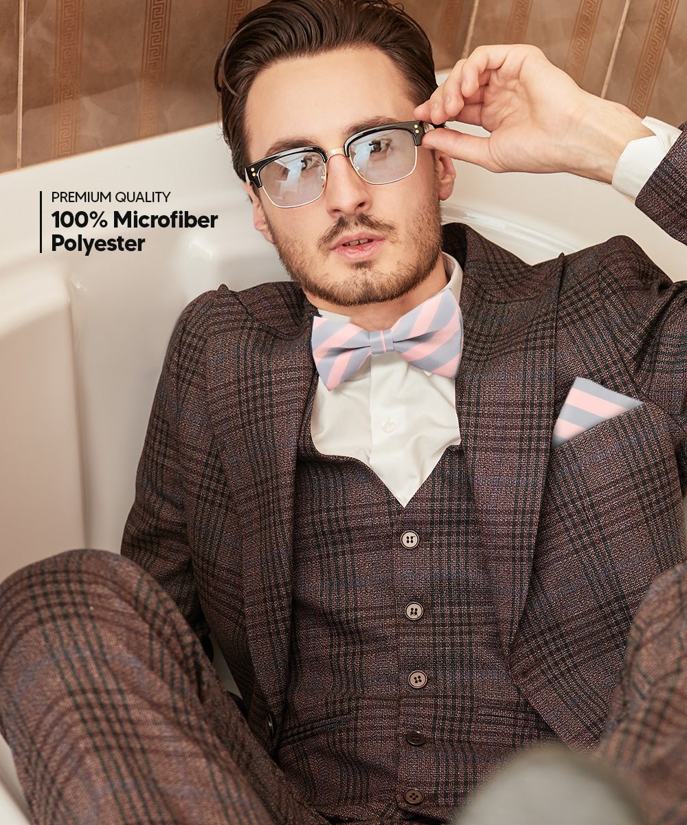 Vittorio Farina Men's Striped Satin Bow Tie & Pocket Square in Gift Box - bh - 1573 - Classy Cufflinks