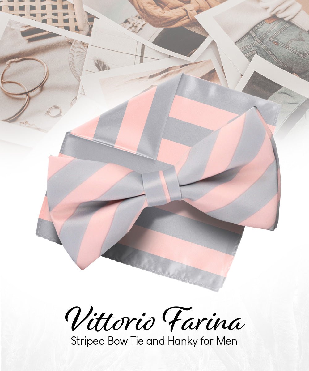 Vittorio Farina Men's Striped Satin Bow Tie & Pocket Square in Gift Box - bh - 1573 - Classy Cufflinks