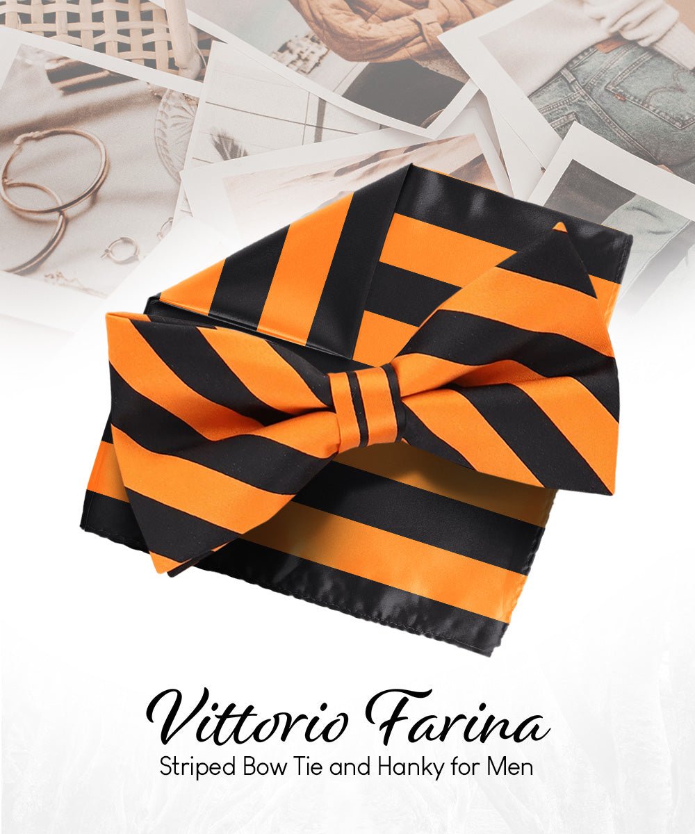 Vittorio Farina Men's Striped Satin Bow Tie & Pocket Square in Gift Box - bh - 1574 - Classy Cufflinks