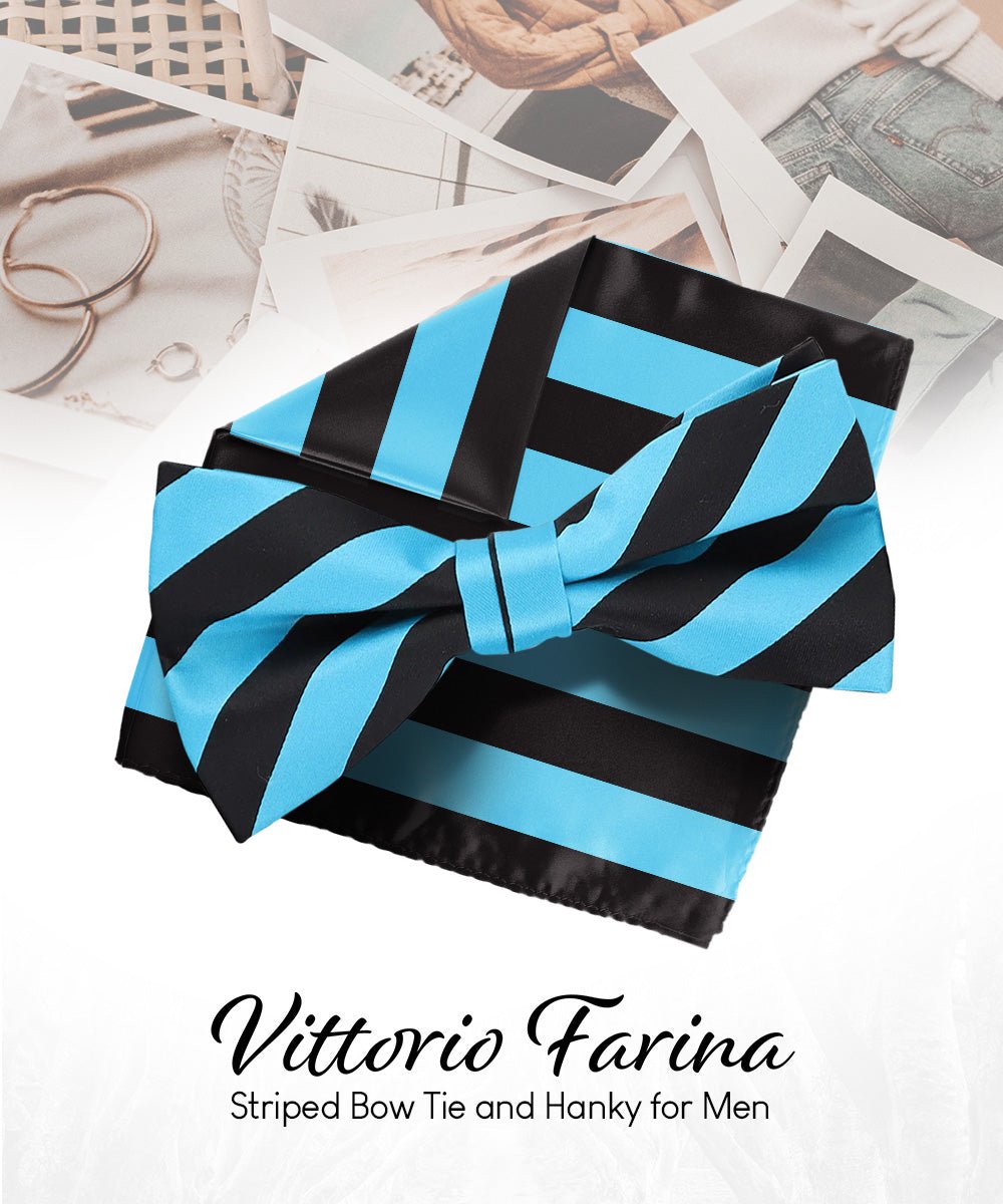 Vittorio Farina Men's Striped Satin Bow Tie & Pocket Square in Gift Box - bh - 1575 - Classy Cufflinks