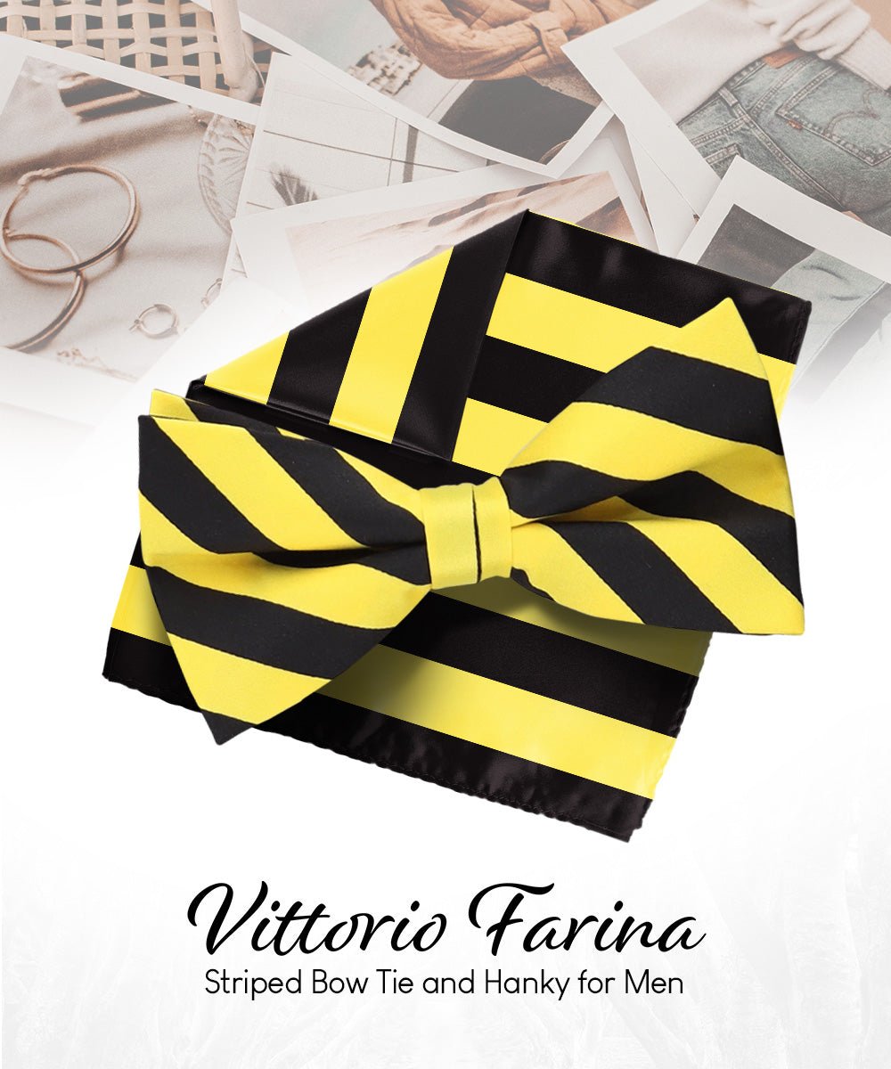 Vittorio Farina Men's Striped Satin Bow Tie & Pocket Square in Gift Box - bh - 1576 - Classy Cufflinks