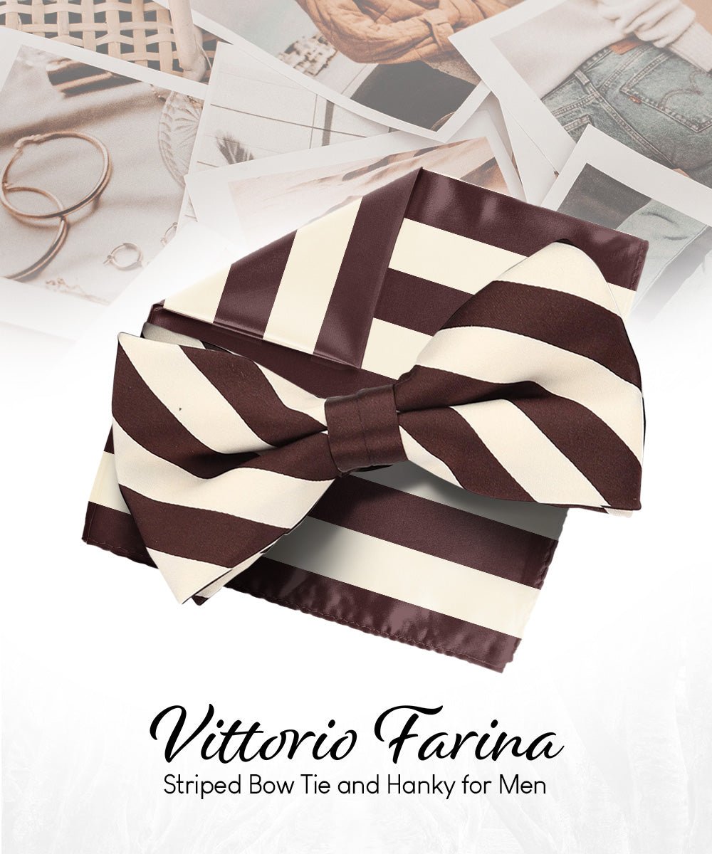 Vittorio Farina Men's Striped Satin Bow Tie & Pocket Square in Gift Box - bh - 1578 - Classy Cufflinks