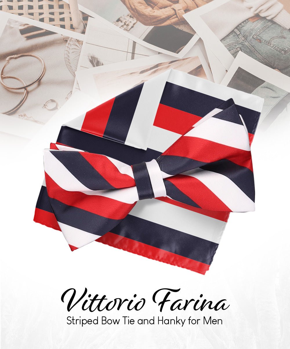 Vittorio Farina Men's Striped Satin Bow Tie & Pocket Square in Gift Box - bh - 1579 - Classy Cufflinks