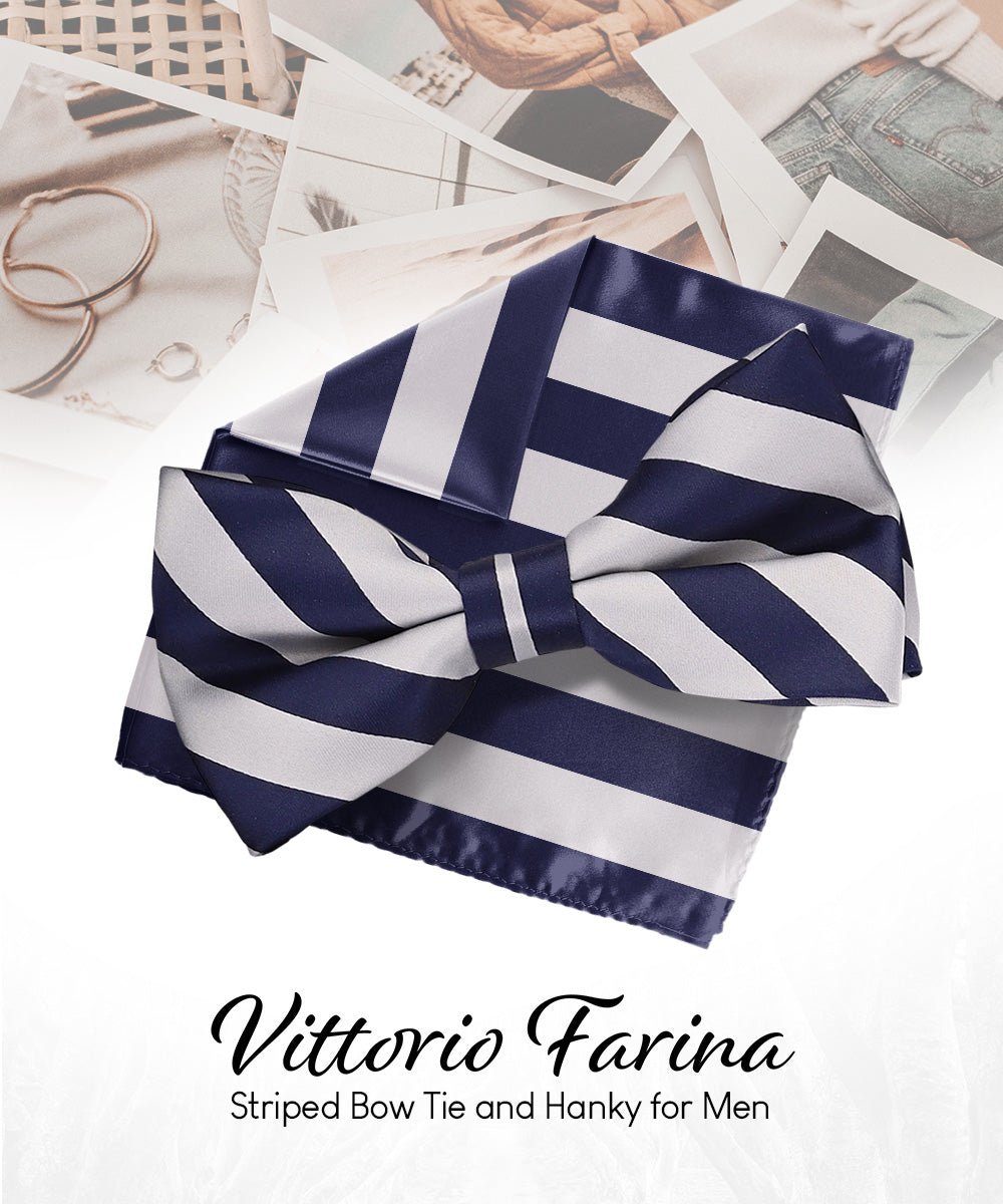 Vittorio Farina Men's Striped Satin Bow Tie & Pocket Square in Gift Box - bh - 1581 - Classy Cufflinks