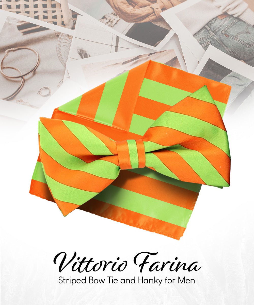 Vittorio Farina Men's Striped Satin Bow Tie & Pocket Square in Gift Box - bh - 1582 - Classy Cufflinks