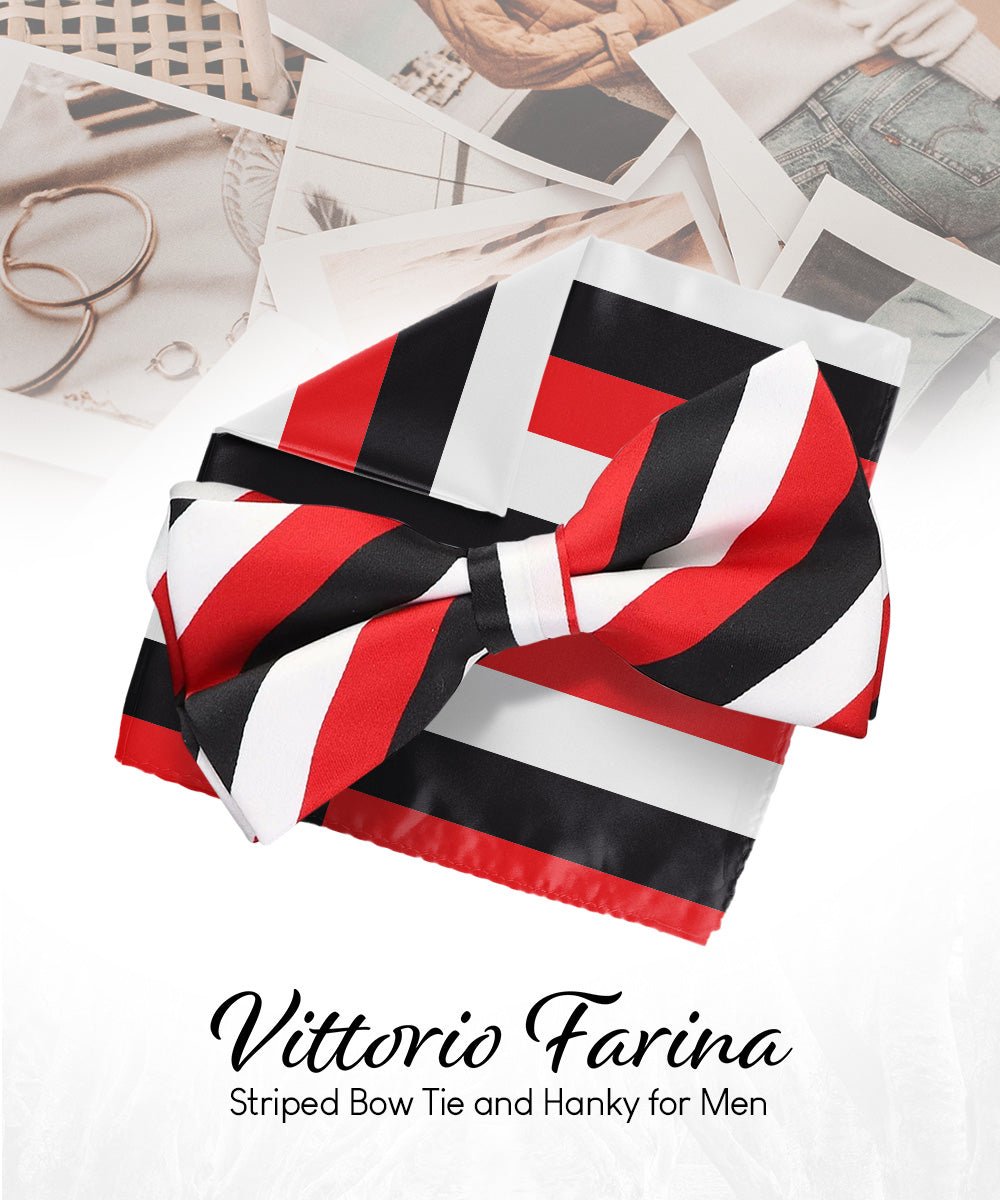 Vittorio Farina Men's Striped Satin Bow Tie & Pocket Square in Gift Box - bh - 1583 - Classy Cufflinks