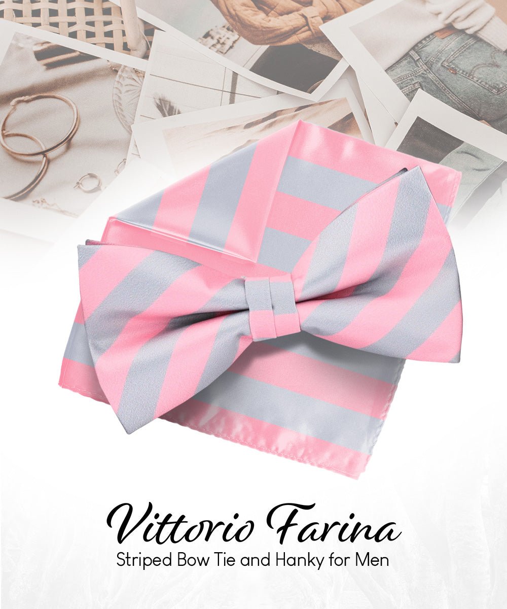 Vittorio Farina Men's Striped Satin Bow Tie & Pocket Square in Gift Box - bh - 1584 - Classy Cufflinks