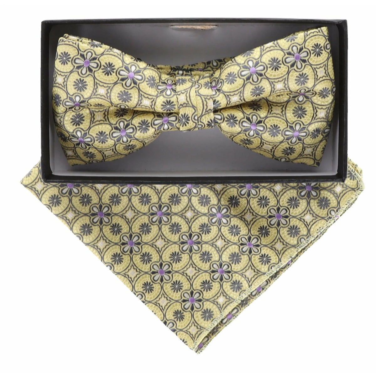 Vittorio Farina Men's Geometric Design Satin Bow Tie &amp; Pocket Square in Gift Box - BH - D - 21037 - Classy Cufflinks