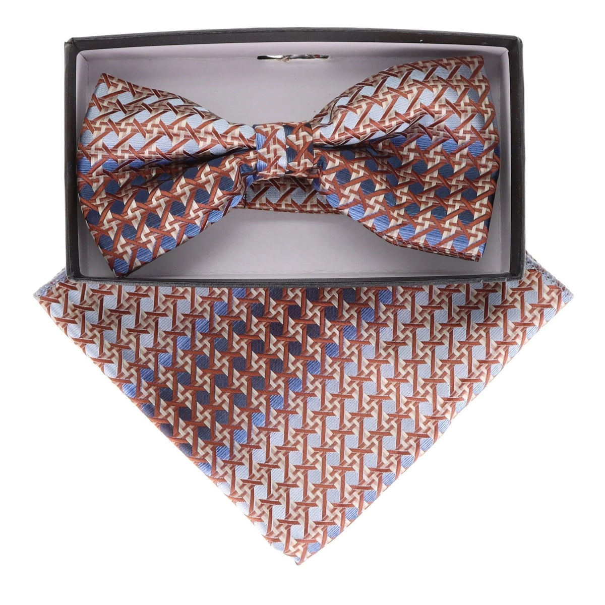 Vittorio Farina Men's Geometric Design Satin Bow Tie &amp; Pocket Square in Gift Box - BH - D - 21162 - Classy Cufflinks