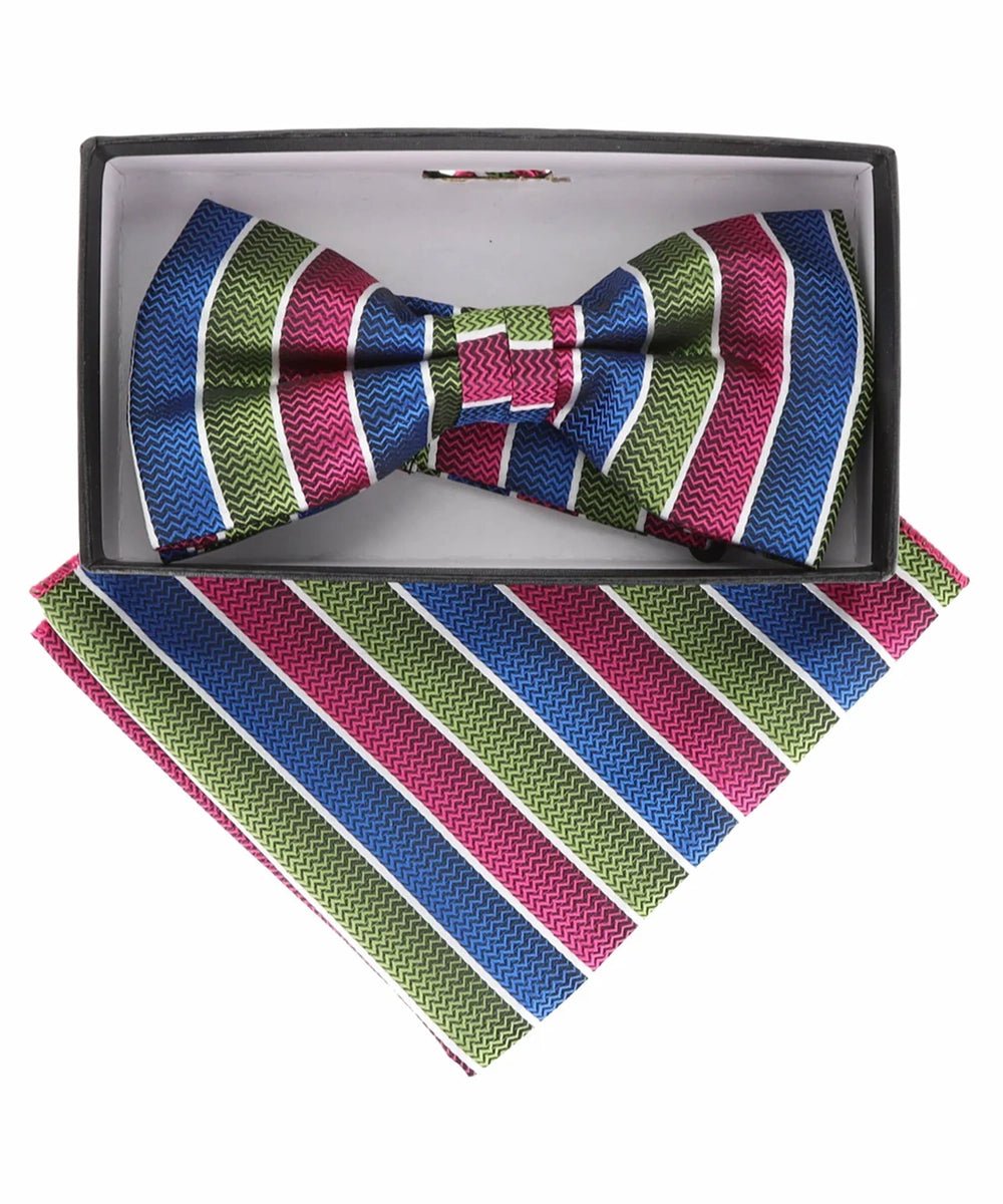 Vittorio Farina Men's Geometric Design Satin Bow Tie &amp; Pocket Square in Gift Box - BH - D - 21175 - Classy Cufflinks