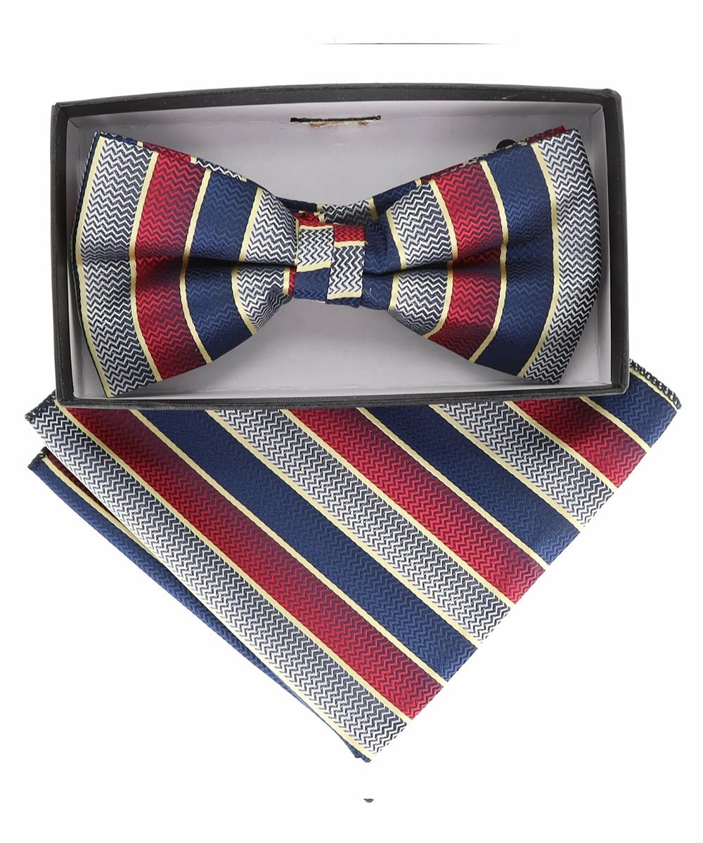 Vittorio Farina Men's Geometric Design Satin Bow Tie &amp; Pocket Square in Gift Box - BH - D - 21176 - Classy Cufflinks