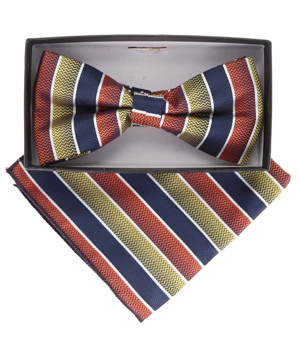 Vittorio Farina Men's Geometric Design Satin Bow Tie &amp; Pocket Square in Gift Box - BH - D - 21177 - Classy Cufflinks