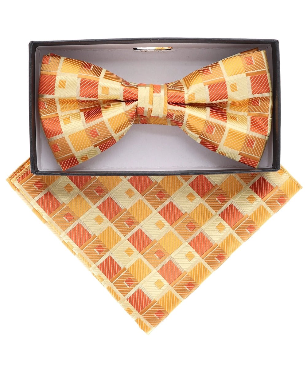 Vittorio Farina Men's Geometric Design Satin Bow Tie &amp; Pocket Square in Gift Box - BH - D - 21184 - Classy Cufflinks