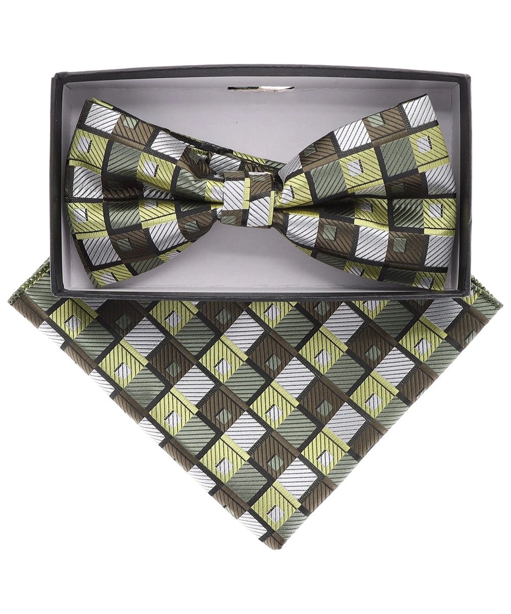 Vittorio Farina Men's Geometric Design Satin Bow Tie &amp; Pocket Square in Gift Box - BH - D - 21185 - Classy Cufflinks