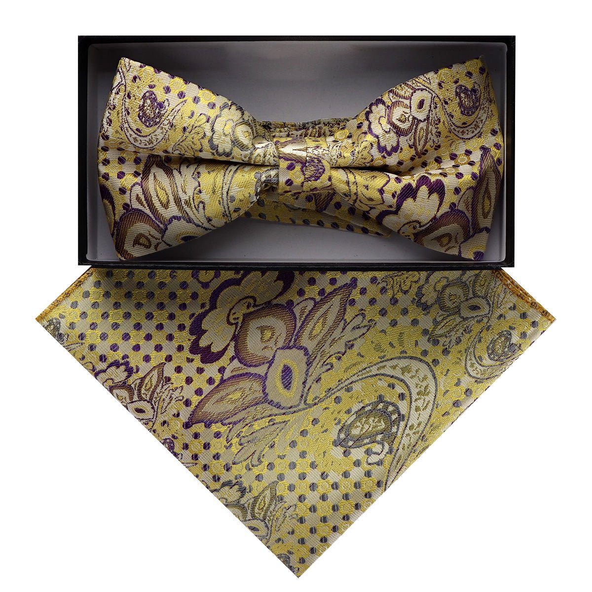 Vittorio Farina Men's Paisley Design Satin Bow Tie &amp; Pocket Square in Gift Box - BH - D_23080 - Classy Cufflinks