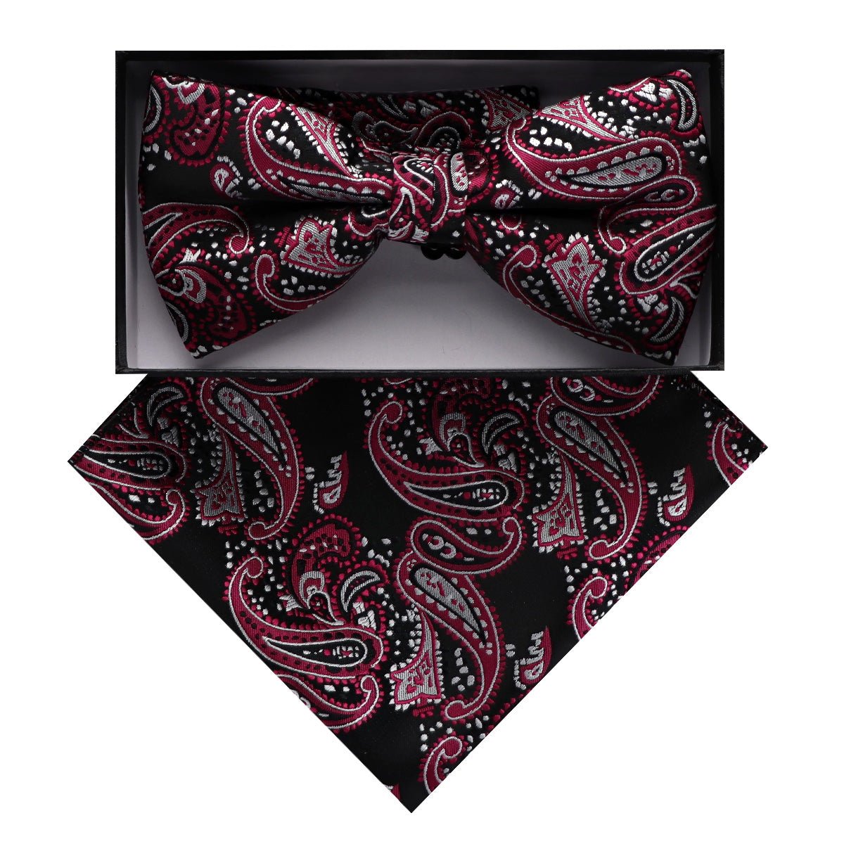 Vittorio Farina Men's Paisley Design Satin Bow Tie &amp; Pocket Square in Gift Box - BH - D_23083 - Classy Cufflinks
