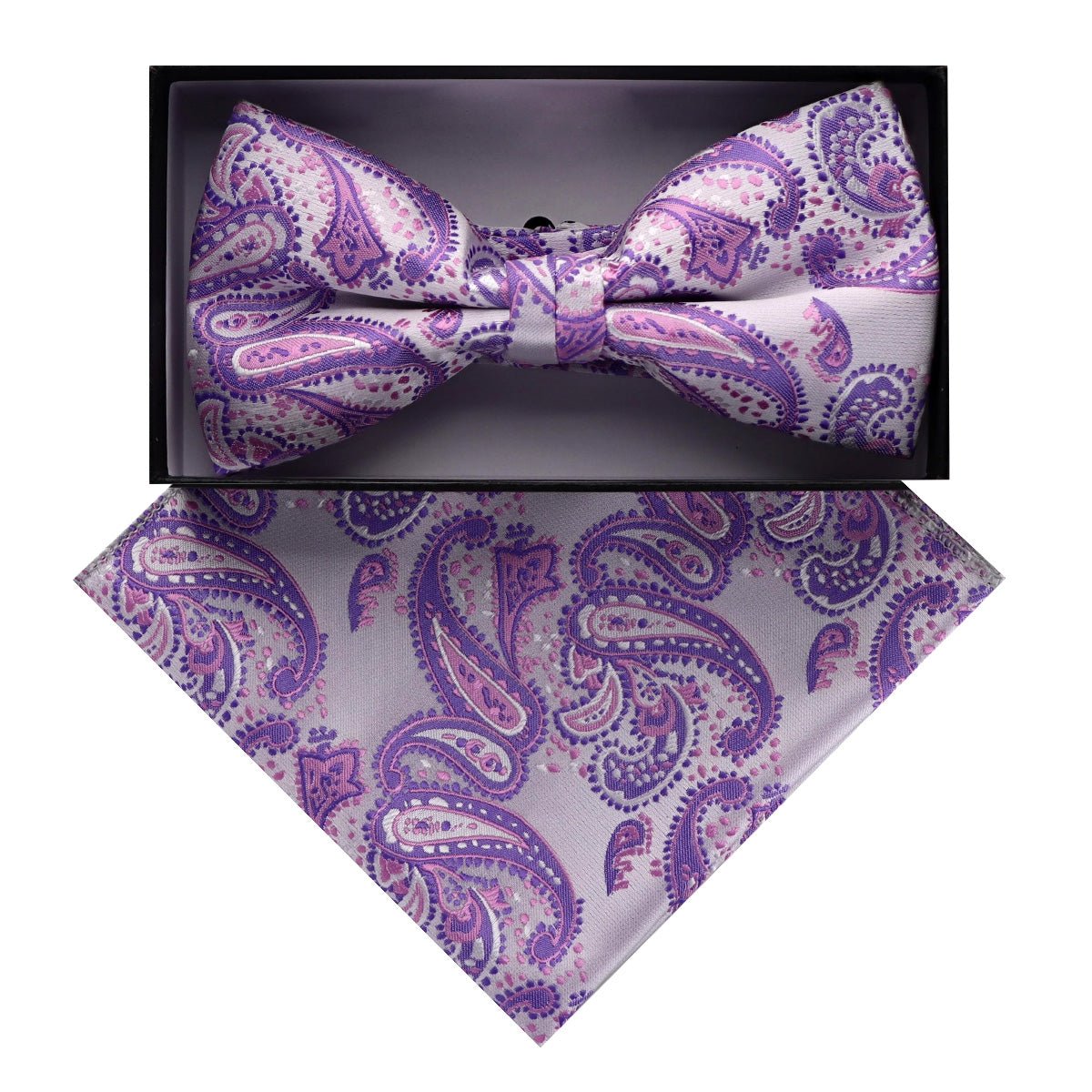 Vittorio Farina Men's Paisley Design Satin Bow Tie &amp; Pocket Square in Gift Box - BH - D_23084 - Classy Cufflinks