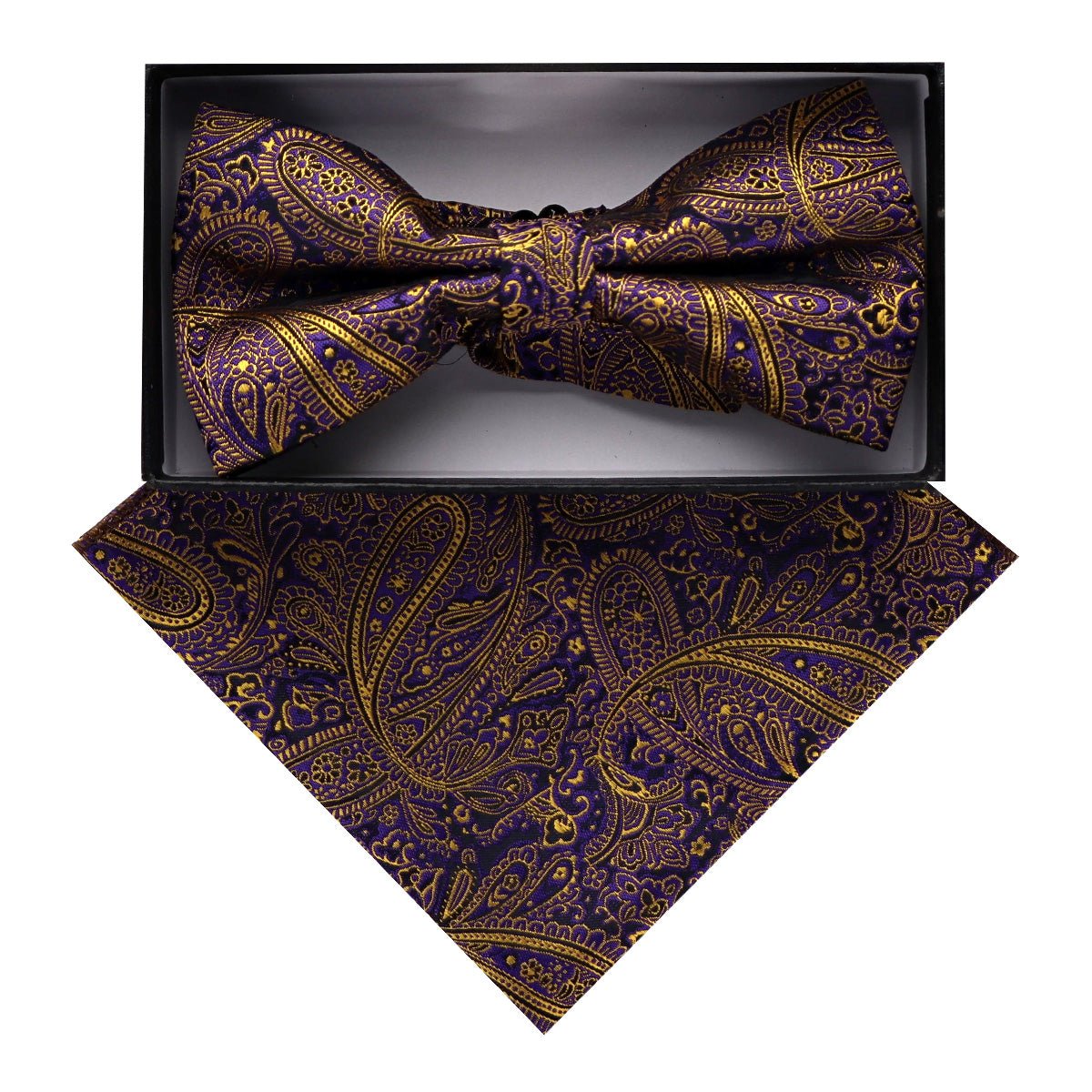 Vittorio Farina Men's Paisley Design Satin Bow Tie &amp; Pocket Square in Gift Box - BH - D_23092 - Classy Cufflinks