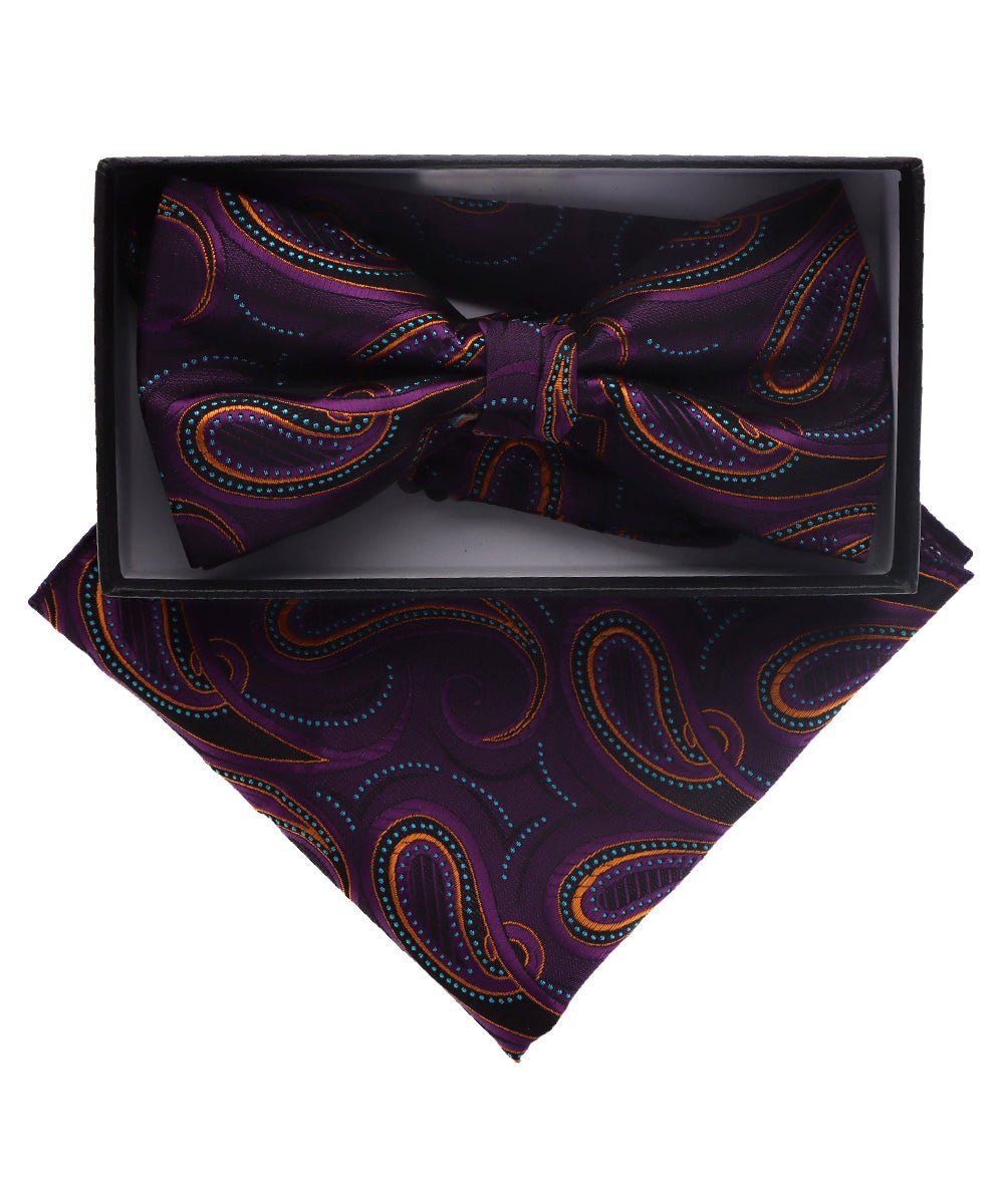 Vittorio Farina Men's Paisley Design Satin Bow Tie &amp; Pocket Square in Gift Box - BH-D_23097A - Classy Cufflinks