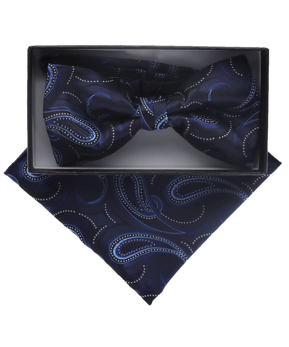 Vittorio Farina Men's Paisley Design Satin Bow Tie &amp; Pocket Square in Gift Box - BH-D_23098A - Classy Cufflinks